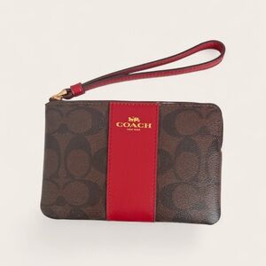 Coach Signature Brown Canvas Wristlet Red Stripe Leather Trim Zip Pouch